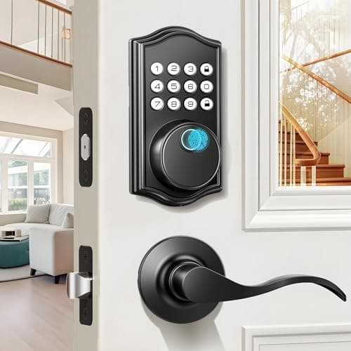 Keyless Entry Door Lock Deadbolt with Handle Set,Fingerprint Smart Locks for Front Door,Backlit Digital Keypad Deadbolt with 2 Keys - Auto Locking - Easy Installation-Left/Right Doors (Matte Black) - Image 1