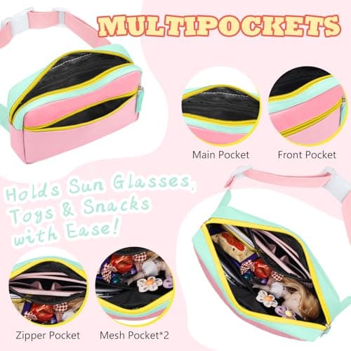 WOOMADA Fanny Pack, Crossbody Bag Waist Bag with Adjustable Waistband, Cute Belt Bag for Gifts(Turquoise&Pink) - Thumbnail 3