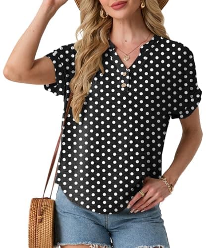 HiMONE Women’s Casual V Neck Summer Tops Short Sleeve Textured Blouse Loose Fit Rolled Sleeve Tunic T Shirts for Daily Wear - Image 1