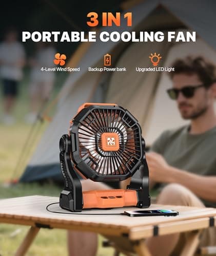 Doviluxe Camping Fan Battery Powered -20000mAh Portable Rechargeable Fans Light, Battery Operated Fan for Camping Hook 4 Speed Quiet Cordless USB Personal Cooling for Desk Home Beach Tent BBQ - Thumbnail 4