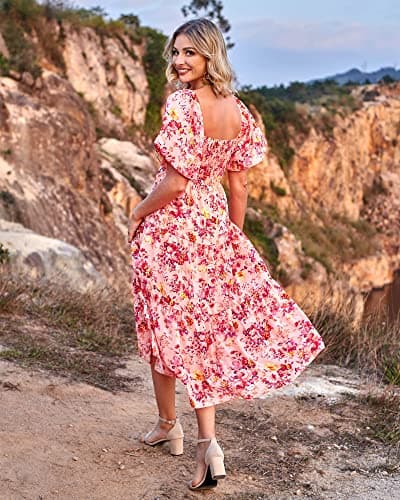 BTFBM Summer Dresses for Women 2026 Spring Outfits Beach Vacation Short Sleeve Smocked Boho Casual Floral Maxi Dress(Floral Pink Red, Medium) - Thumbnail 4