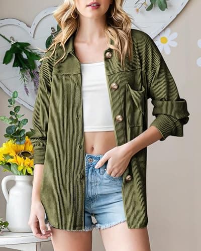 PRETTYGARDEN Women's Button Down Shirts 2026 Spring Long Sleeve Textured Tops Oversized Shacket Jacket Knit Blouses(Army Green,Small) - Thumbnail 2