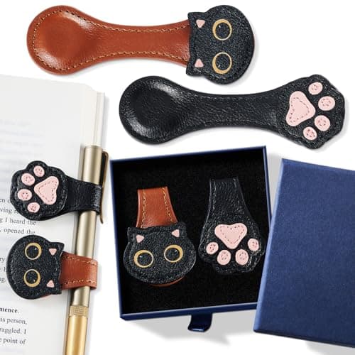 2Pcs Magnetic Leather Bookmarks with Gift Box Magnetic Pen Holder Book Marks Clip Gift for Book Lover Readers Men Women Teachers Students, Cat+Paw (Brown+Black)