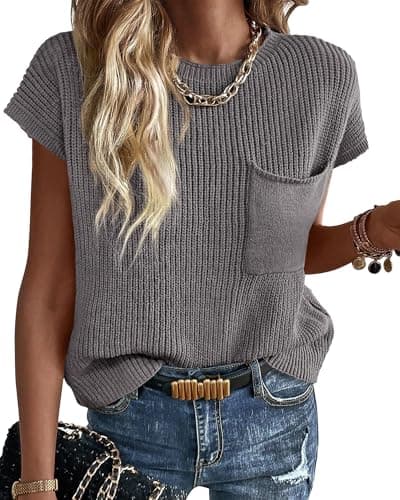 KIRUNDO Spring Summer Short Sleeve Sweater for Women 2026 Casual Sweater Vest Cotton Knit Pullover Tank Tops Fashion Clothing(Grey, X-Large) - Image 1