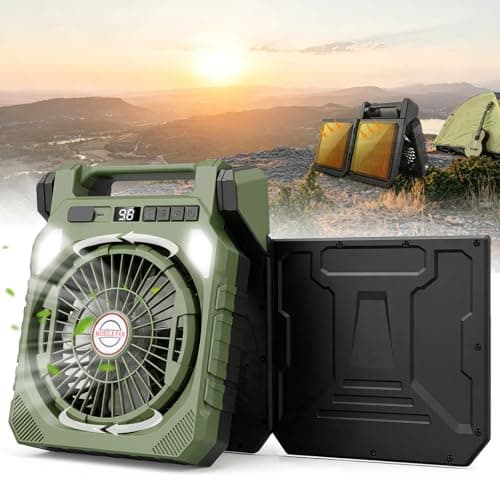22000mAh Camping fan with Dual Solar Panel, 10" Rechargeable Solar Powered Fans with LED Light and Arc Flashlight for Outside, 180° Swivel Oscillating Battery Operated Tent Cooler for Picnic, Fishing
