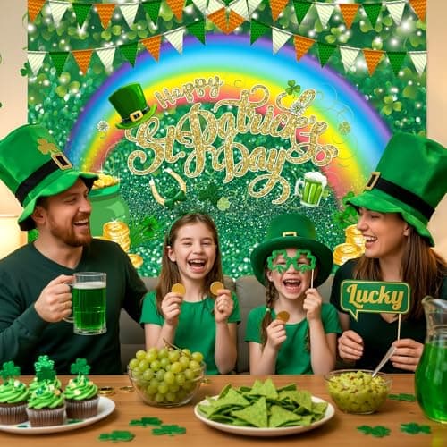 Happy St. Patrick's Day Backdrop Spring Irish Green Lucky Shamrock Leaves Photo Background for Saint Patrick's Day Birthday Baby Shower Party Decorations Photo Booth Props 5x3ft - Thumbnail 3