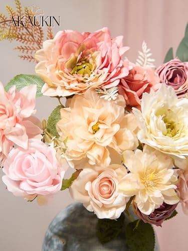 AKAUKIN Light Pink Artificial Flowers Combo, Fake Silk Dahlia Roses Bulk with Stems Box Mix for Wedding Bridal Bouquets, Baby Shower, Party, Table Centerpieces, Home Decor & DIY Floral Arrangements - Thumbnail 4