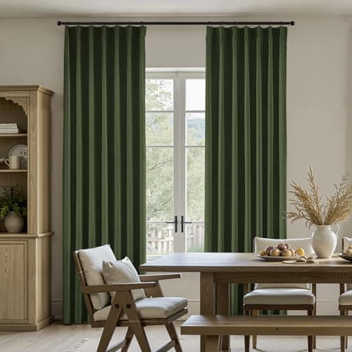 HOMEIDEAS Olive Green Pinch Pleated Curtains 100% Blackout,Linen Blend Luxury Thermal Insulated with Adjustable Hooks, for Living Room Bedroom Modern Farmhouse Decor, 40" Wx84 L 2 Panels - Thumbnail 2