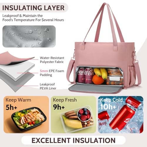 Lunch Tote Bag for Women with 15.6" Laptop Compartment, Work Tote Bag with Insulated Lunch Compartment, Large Casual Canvas Handbag Luncg Bags for Nurse, Teacher, Office, Travel, Beach, Pink - Thumbnail 4