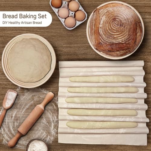 Set of 4 Proofing Basket, 9.8 Inch Round Bread Proofing Baskets with 2pcs 17"x29" Proofing Cloths, Sourdough Bread Baking Supplies, Bread Making Kit for Dough Baking - Thumbnail 3