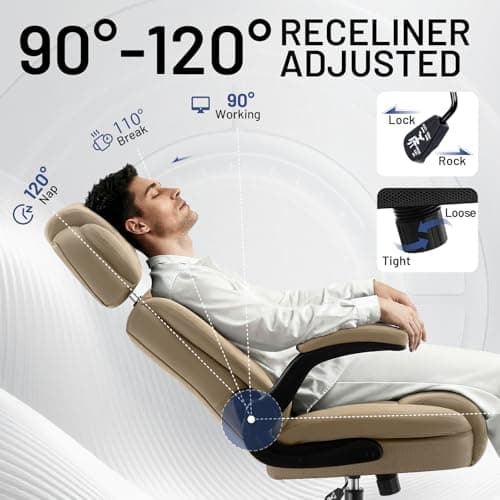 AreShark Ergonomic Office Chair with Lumbar Support, 400lbs Heavy Duty Big and Tall Executive Desk Chair, PU Leather High Back Computer Chair with Flip-Up Arms & Adjustable Headrest, Khaki - Thumbnail 3