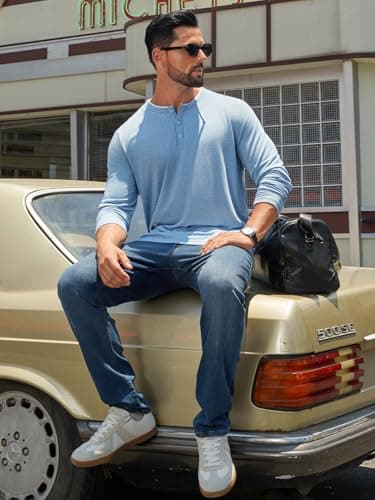 Hardaddy Men's Long Sleeve Henley Shirts Casual Color Block Henley Button T-Shirt Tops Light Blue XXL - Thumbnail 5