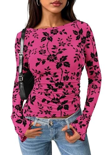 PRETTYGARDEN Women Long Sleeve Floral Mesh Tops Blouse 2026 Fall Trendy Boat Neck Ruched Spring Shirt Going Out Date Outfits (Hot Pink,Large) - Image 1