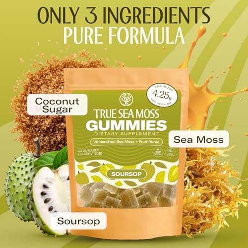True Sea Moss Gummies – High Potency 4250mg Authentic Sea Moss Gel – Raw & Wildcrafted – Sweetened with Organic Coconut Sugar & Real Soursop Purée – 30 Gummies (30 Servings) - Thumbnail 4