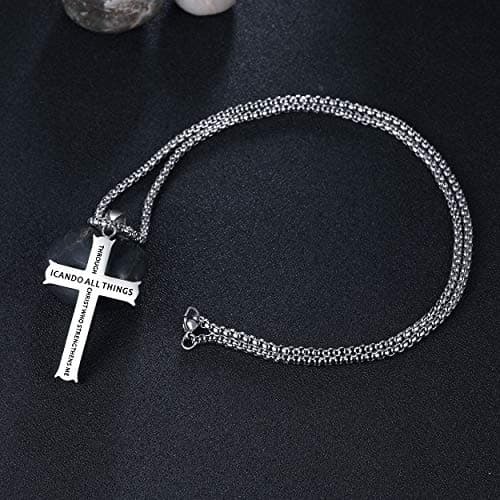Rehoboth Stainless Steel Bible Verse Cross Pendant Necklaces for Men Women Philippians 4:13 Strength Bible Verse I CAN DO ALL THINGS 24 Chain Inch Silver - Thumbnail 4
