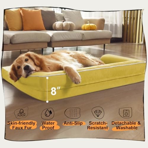 Large Dog Bed Orthopedic Washable | Beds Bolster Pet | XL Large Big Dogs | Memory Foam Couch Sofa | Waterproof with Removable Cover - Ginger Yellow Dog Bed - Thumbnail 6
