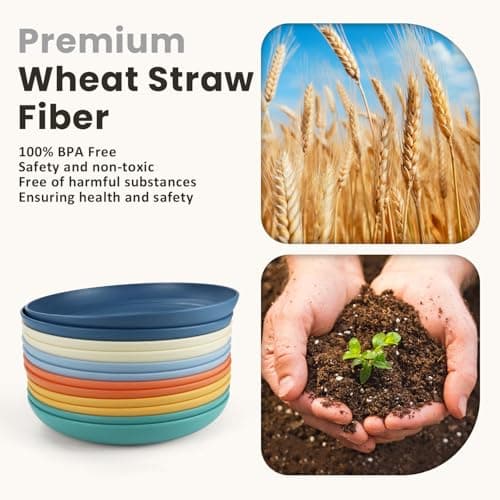 Homienly Wheat Straw Plates, 12-Pieces Unbreakable Dinner Plates - 9 Inch Alternative to Plastic Plates, Unbreakable Microwave and Dishwasher Safe Plate Set for Kitchen, Camping, Party - Multi - Thumbnail 3