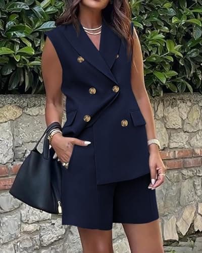 BTFBM Two Piece Sets For Women Spring 2026 Summer Pockets Button Sleeveless Vest And Shorts Work Business Casual Outfits(Navy, Large) - Thumbnail 4