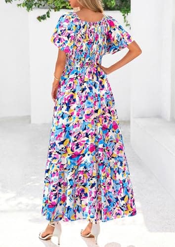 PRETTYGARDEN Boho Dresses for Women 2026 Summer Floral Short Sleeve V Neck Smocked Flowy Beach Vacation Maxi Dress (Multicolored Floral,XX-Large) - Thumbnail 2