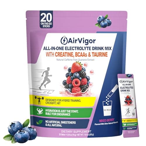 AirVigor Electrolyte Powder with Creatine All-in-One Hydration Drink Mix for Workout, Pre Workout Energy & Recovery, Amino Support, Low Calorie Electrolyte Drink Packets, 20 Sticks, Only 5 Calories