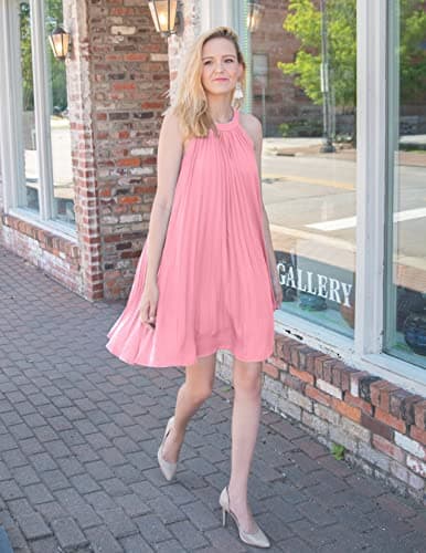 PRETTYGARDEN Summer Mini Halter Dresses for Women 2025 Sleeveless Pleated Short A Line Flowy Beach Wedding Guest Dress (Pink,Medium) - Thumbnail 6