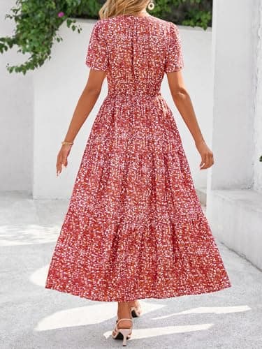 BTFBM Womens Summer Floral Maxi Dresses V Neck Short Sleeve Boho Casual Flowy Long Wedding Guest Dress Beach Vacation(Floral Orange Red, Small) - Thumbnail 3
