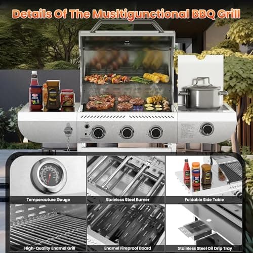 WAA Portable Propane Griddle, Tabletop Portable Propane Gas Grill, Stainless Steel Flat Top Grill, Outdoor Cooking for Tailgating,Camping, RVs, BBQ, Patio, Silver (3-Burner-2) - Thumbnail 2
