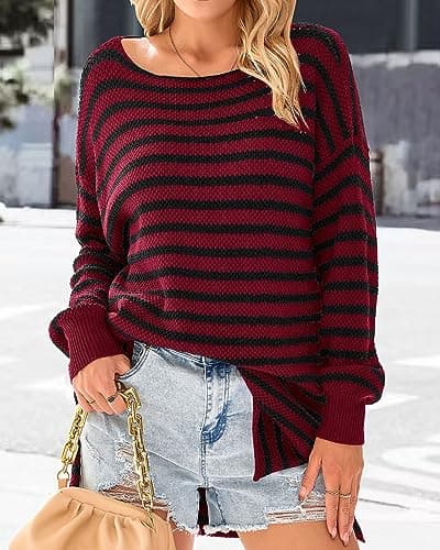 KIRUNDO Women's 2026 Fall Winter Oversized Long Sleeve Striped Sweater Casual Crewneck Side Split Pullover Knit Tops(Wine Red, Medium) - Thumbnail 4