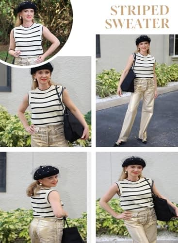 Dokotoo Blouses for Women Dressy Casual Fashion Crew Neck Sleeveless Pullover Sweaters Vest Basic Striped Loose Fit Lightweight Cute Shirts Comfy Cozy Ribbed Knit Tank Tops Black Stripe X-Large - Thumbnail 5