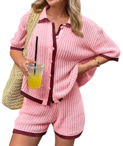 Cicy Bell Womens 2 Piece Short Sets Summer Short Sleeve Collared Tops Beach Vacation Cover Up Crochet Knit Lounge Outfits - Image 1