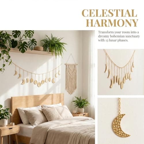 opulinea 36" Gold Metal Moon Phase Wall Decor - Handcrafted Boho Celestial Art for Bedroom Living Room, Lightweight Easy Hang, Gift for Women Teens - Thumbnail 4