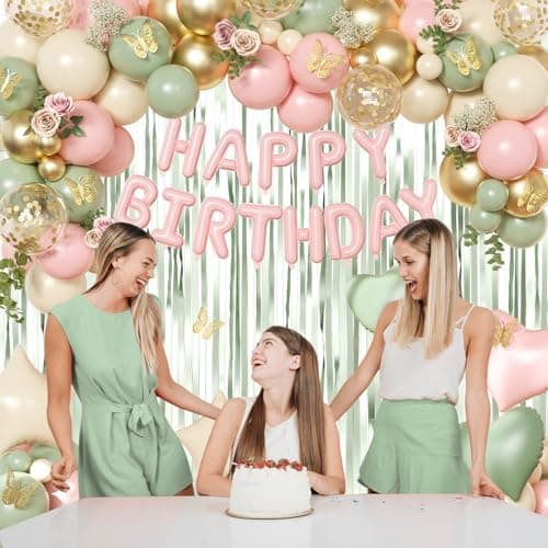 Pink and Green Birthday Decorations for Women Girls, Sage Green Pink Sand White Gold Foil Confetti Balloons Happy birthday Banner Gold Butterfly Fringe Curtains Birthday Decorations - Thumbnail 5