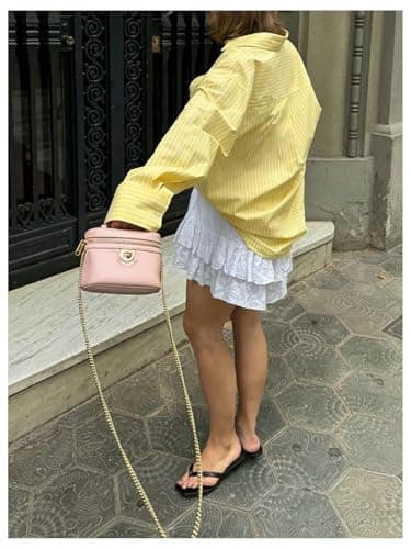 GORGLITTER Women's Striped Long Sleeve Shirt Button Down Blouses Dressy Casual Collared Business Work Office Outfits Yellow Medium - Thumbnail 4