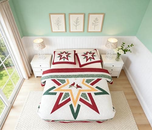 Vohanide Handmade Queen Size Patchwork Quilt Set with Embroidered Cardinal & Stars - Rustic Farmhouse Cotton Bedding - Crimson, Forest Green & Gold - All Season Decorative Quilt - Thumbnail 3