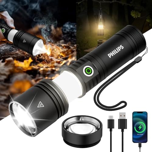 Philips Rechargeable Flashlights High Lumens with Ignition Lens,3000lm Tactical Flashlights with Camping Lamp,2 Colors Zoomable 5Modes Reverse Charging LED Bright Flashlight for Home Outdoor Gift - Image 1