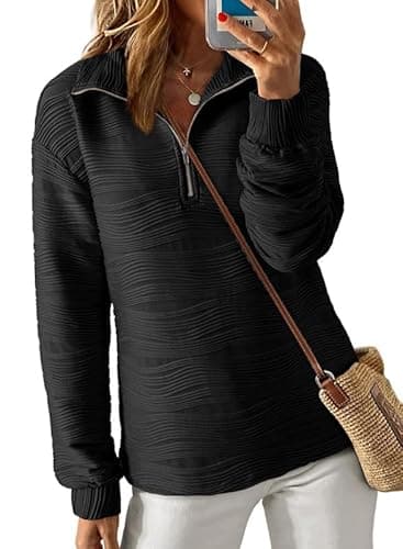 Dokotoo Womens Oversized Half Zip Up Sweatshirts Long Sleeve Shirts Pullover Jackets for Women 2026 Fall Teen Girls Loose Winter Knit Textured Tops Casual Outfits Clothes Black XLarge - Image 1