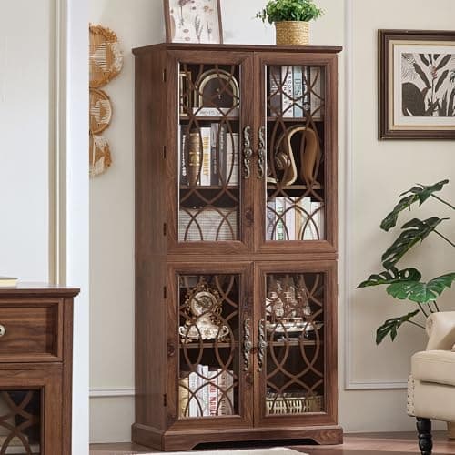 Joaxswe 67" Tall Bookshelf, Rustic Book Shelf w/Vintage Pattern Tempered Glass Doors, 5-Tier Wood Bookcase with Adjustable Storage Shelves, Retro Curio Display Cabinet for Living Room, Brown - Image 1