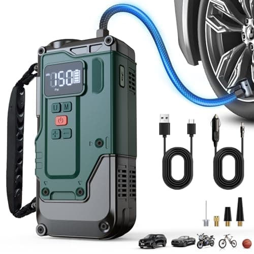 Cordless Tire Inflator Portable Air Compressor - 8000mAh & 12V DC Dual Power, 8X Faster, 150 PSI Air Pump for Car Tires, Bicycle, Motorcycle, Ball, with Pressure Gauge, LED Light, Auto Shut-Off - Image 1