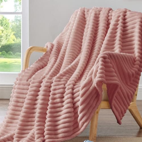 BEDELITE Fleece Throw Blanket for Couch - 300GSM Soft & Warm Fluffy Dusty Pink Blanket, Decorative and Giftable Striped Blankets for Women, Men, 50"x60" - Image 1