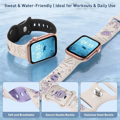 HMFCBFSS Engraved Cute Sea Turtle Band Compatible with Apple Watch Bands for Women Men 38mm 40mm 41mm 42mm, Stylish Two-Tone Floral Soft Silicone Sport Strap Fit iWatch Series 11 10 Se 9 8 7 6 5 4 3 2 1 (Starlight/Black, 38mm/40mm/41mm/(42mm-Series 11 10) - Thumbnail 2