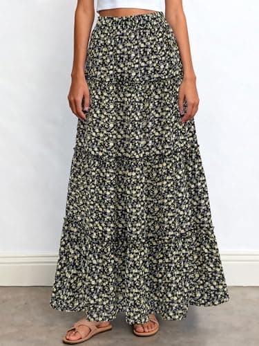 BTFBM Floral Maxi Skirts for Women Summer Spring 2026 Elastic Waist Tiered Flowy Beach Vacation Boho Midi Long Skirt(Floral Black Yellow, Large) - Thumbnail 5