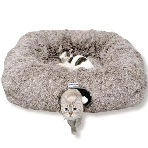 XxingSheep XL Cat Tunnel with Bed for Indoor Cats Peekaboo Cat Cave Donut Toy with Warm Mat,Yellow-Brown - Image 1