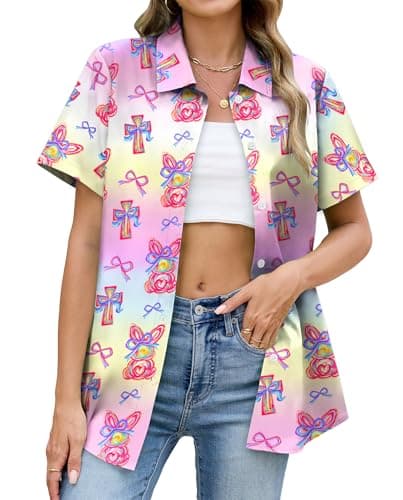 SWTJIC Easter Tops for Women Easter Bunny Shirt Funny Bowknot Rabbit Graphic Party Button Up Clothes Multicolor M - Image 1