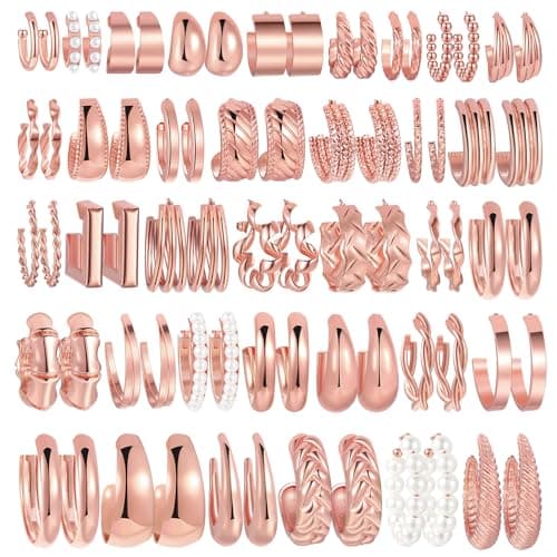 36 Pairs Gold Hoop Earrings Set for Women, Fashion Chunky Gold Hoop Earrings Multipack, Hypoallergenic Pearl Chain Twisted Statement Earring Pack for Birthday Party Jewelry (rose gold) - Image 1