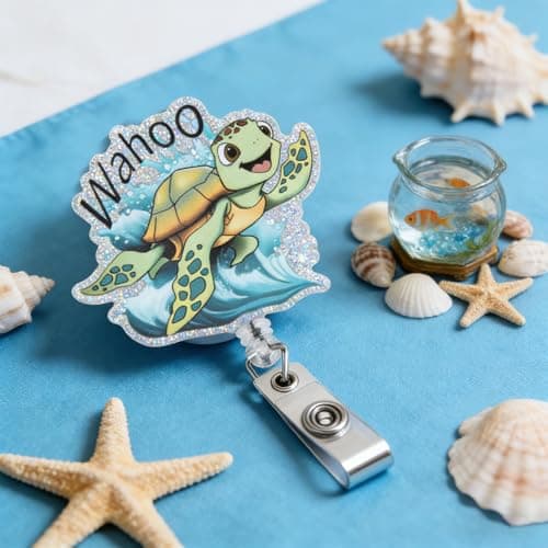Funny Sea Turtle Nurse Badge Reel, Cute Badge Reel Clip Retractable for Student RN LPN CNA Medical Worker Teacher ID Card Holder Badge Pediatric Badge Buddy, Coastal Spring Summer Ocean Nurse Gifts - Image 1