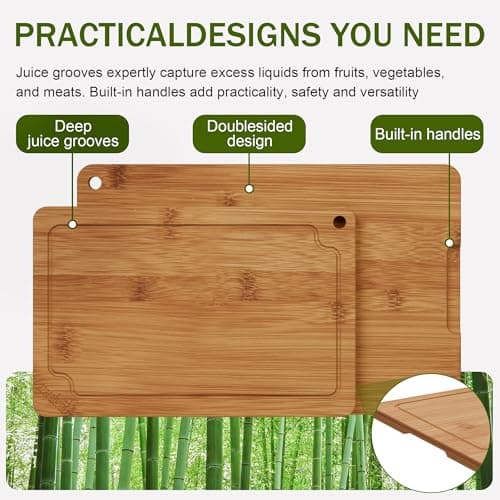 Bamboo Cutting Boards for Kitchen, Wood Cutting Board Set with Juice Grooves & Built-in Handles, Large Medium Small Chopping Board for Meat, Vegetables, Fruit - Thumbnail 5