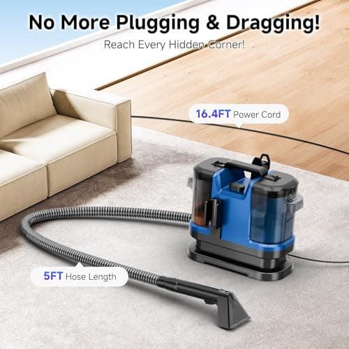 Vaconly Portable Carpet & Upholstery Cleaner Machine, Handheld Spot Cleaner with Dual Brush, 18KPa Suction, Large Removable Tank for Couch, Car, Stairs, Rugs & Pet Stains, Blue - Thumbnail 6