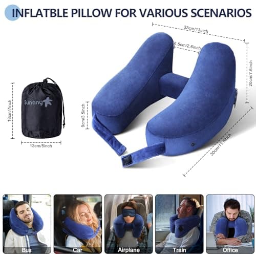 Sunany Neck Pillow for Travel Inflatable Airplane Pillow Comfortably Supports Head, Neck and Chin, Inflatable Travel Pillow with Soft Velour Cover and Portable Drawstring Bag (Blue) - Thumbnail 4