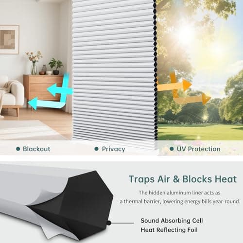 Changshade Top Down Bottom Up Blackout Cellular Shades, Cordless Honeycomb Blinds for Windows, Light Blocking & Total Privacy for Day Sleepers,White,34" W*72" H - Thumbnail 5