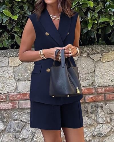 BTFBM Two Piece Sets For Women Spring 2026 Summer Pockets Button Sleeveless Vest And Shorts Work Business Casual Outfits(Navy, Large) - Thumbnail 3